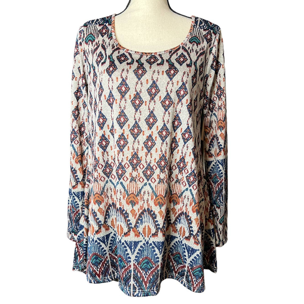 New Living Doll Tunic Top in Blue and Brown Southwestern Print Knit Size Large